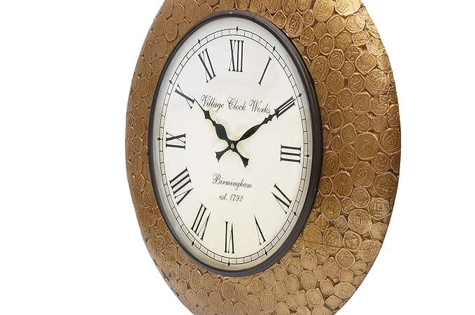 Wood Brass Metal Coin Embossed Indian Vintage Analog Wall Clock (Gold, 12x12 Inch)
