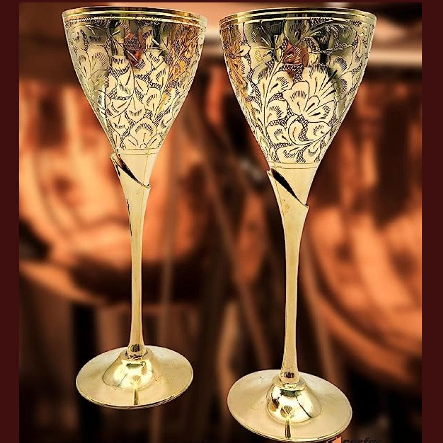 Royal Brass Wine Glass Drink Ware Set of 2 for Home, Clubs (Golden)