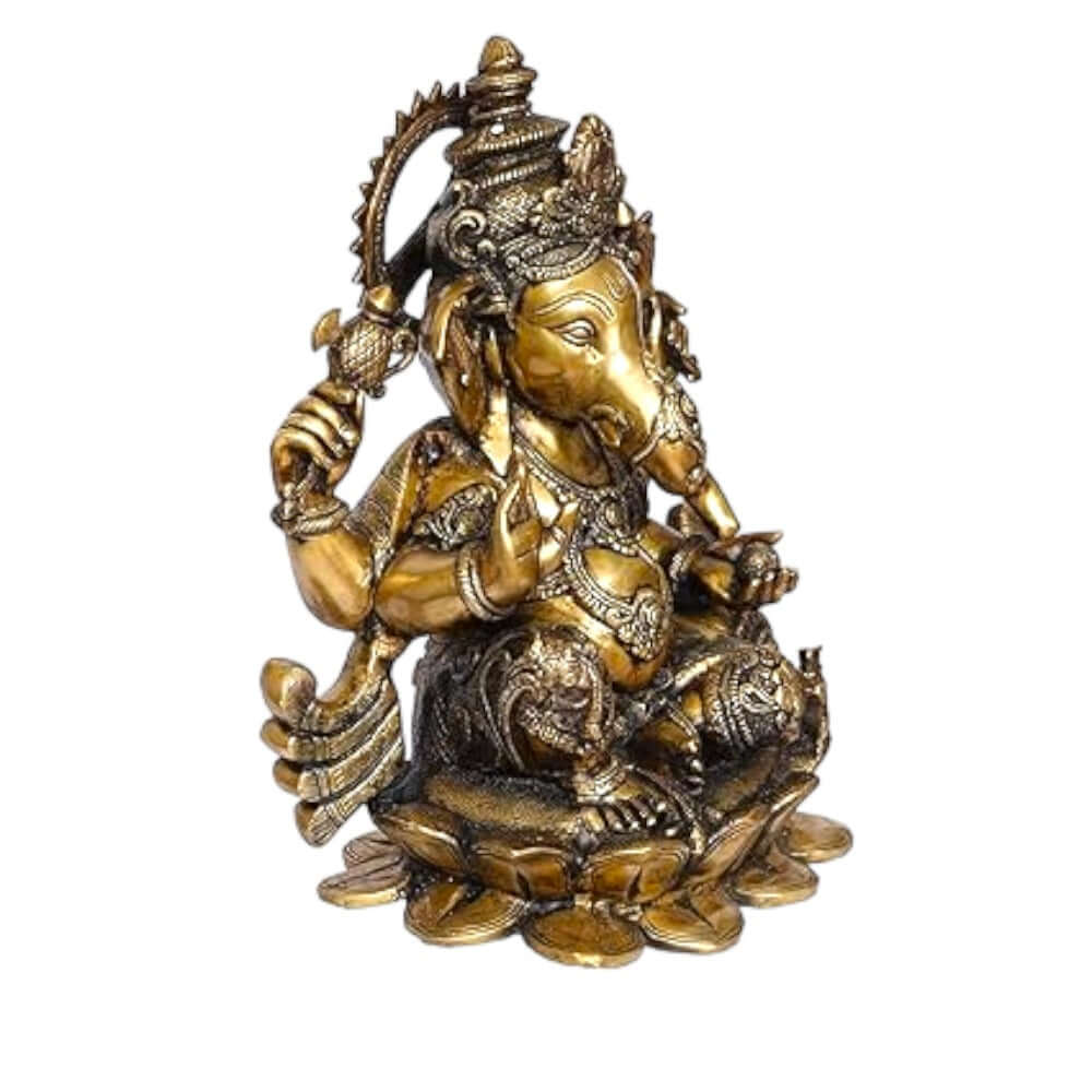 Brass Statue 22" Large Size Lord Ganesha Seated in Easy Posture on Lotus,Weight:28 Kg.