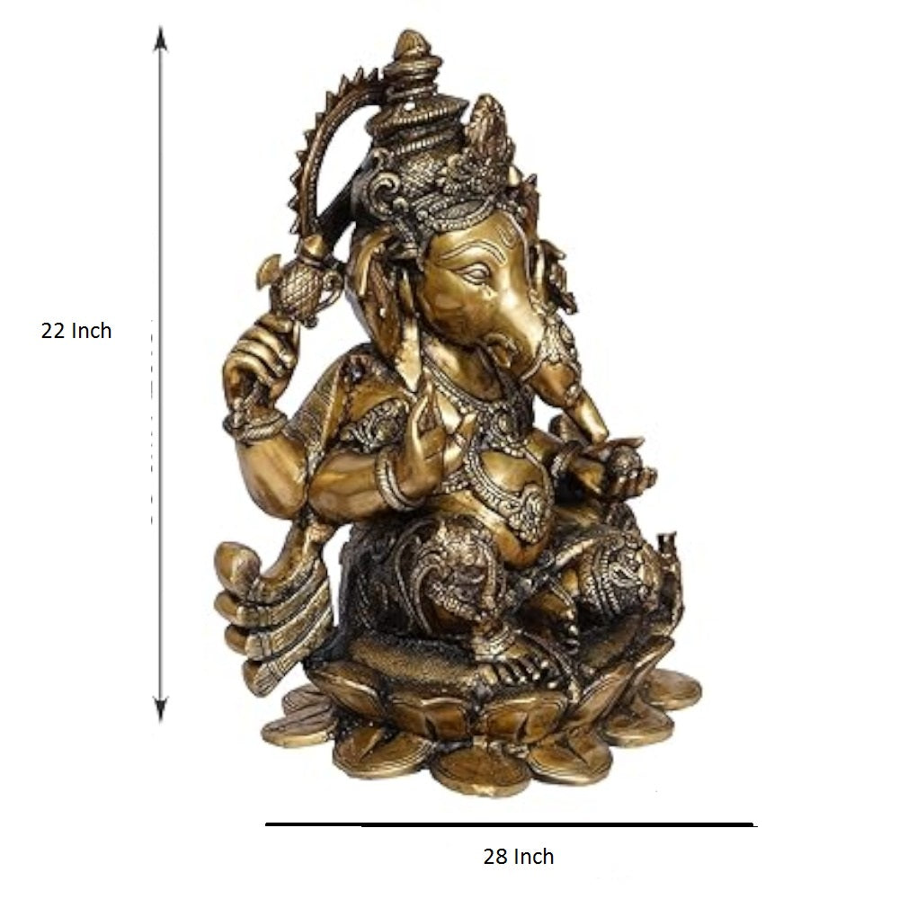 Brass Statue 22" Large Size Lord Ganesha Seated in Easy Posture on Lotus,Weight:28 Kg.