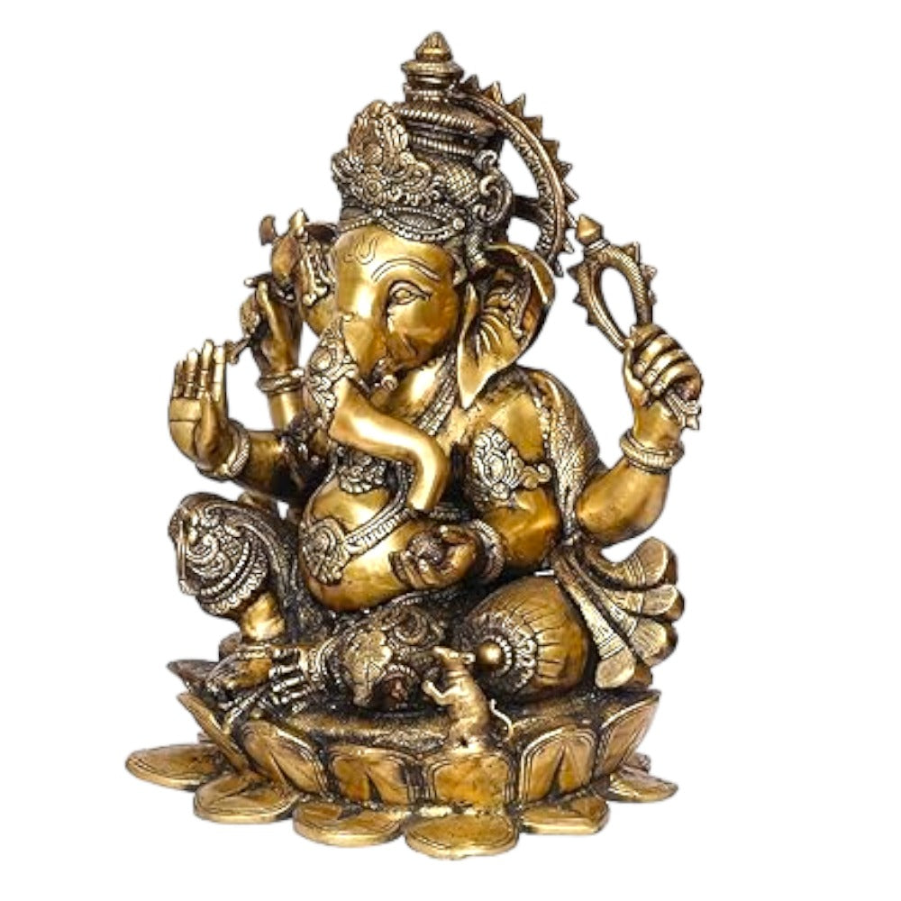 Brass Statue 22" Large Size Lord Ganesha Seated in Easy Posture on Lotus,Weight:28 Kg.