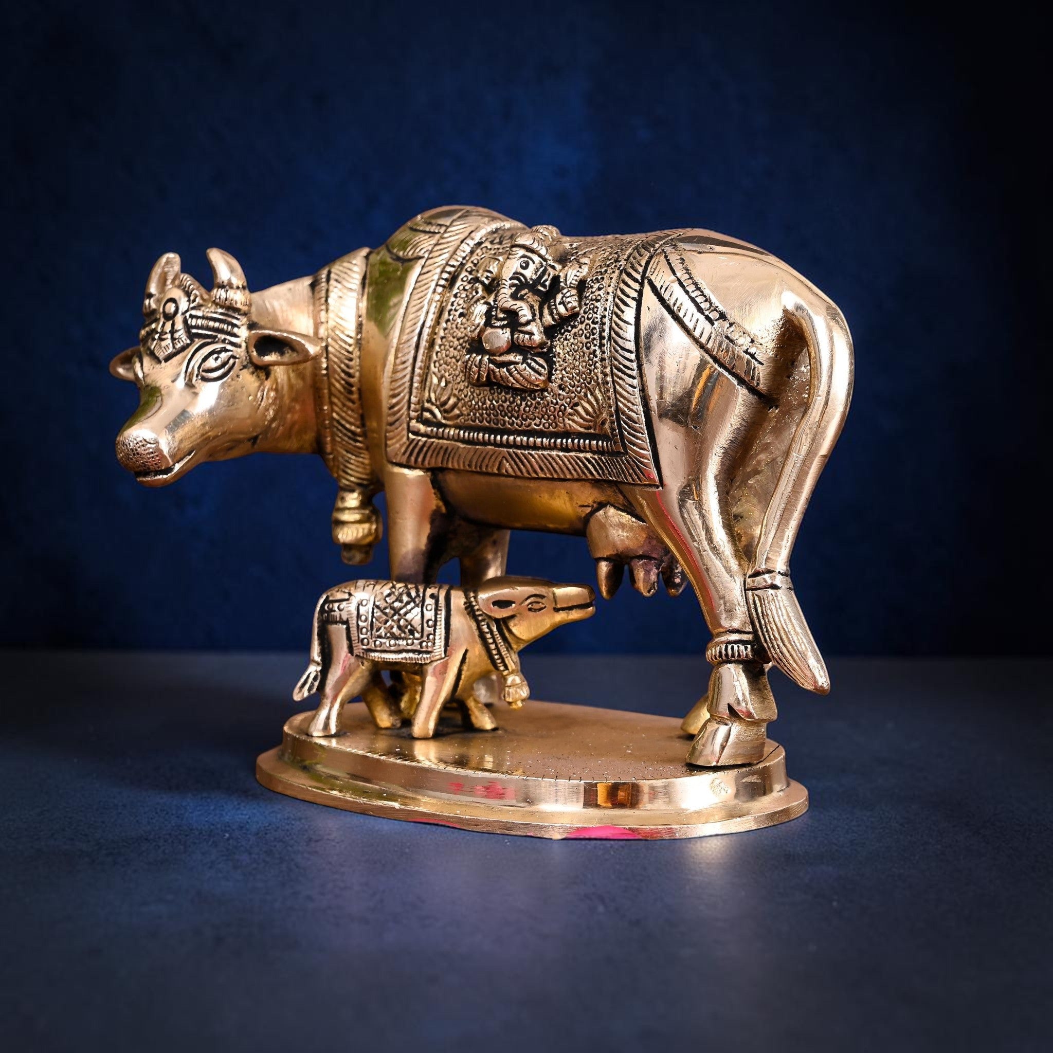 Handcrafted Brass Kamdhenu Cow with Calf Idol (4.5 Inch) | RoyalStuffs