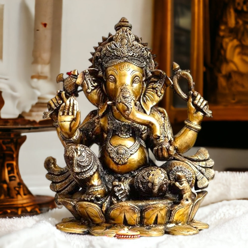 Brass Statue 22" Large Size Lord Ganesha Seated in Easy Posture on Lotus,Weight:28 Kg.