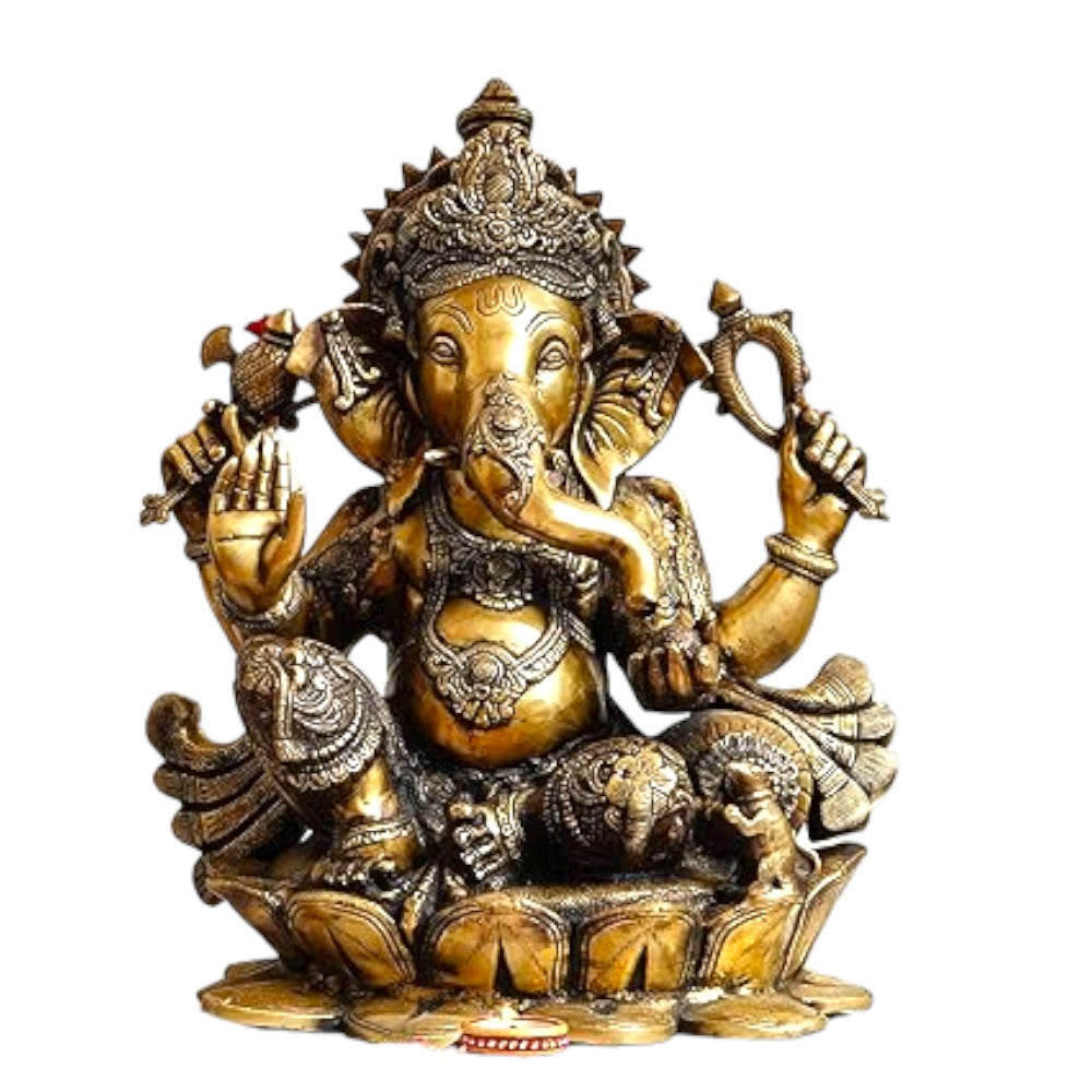 Brass Statue 22" Large Size Lord Ganesha Seated in Easy Posture on Lotus,Weight:28 Kg.