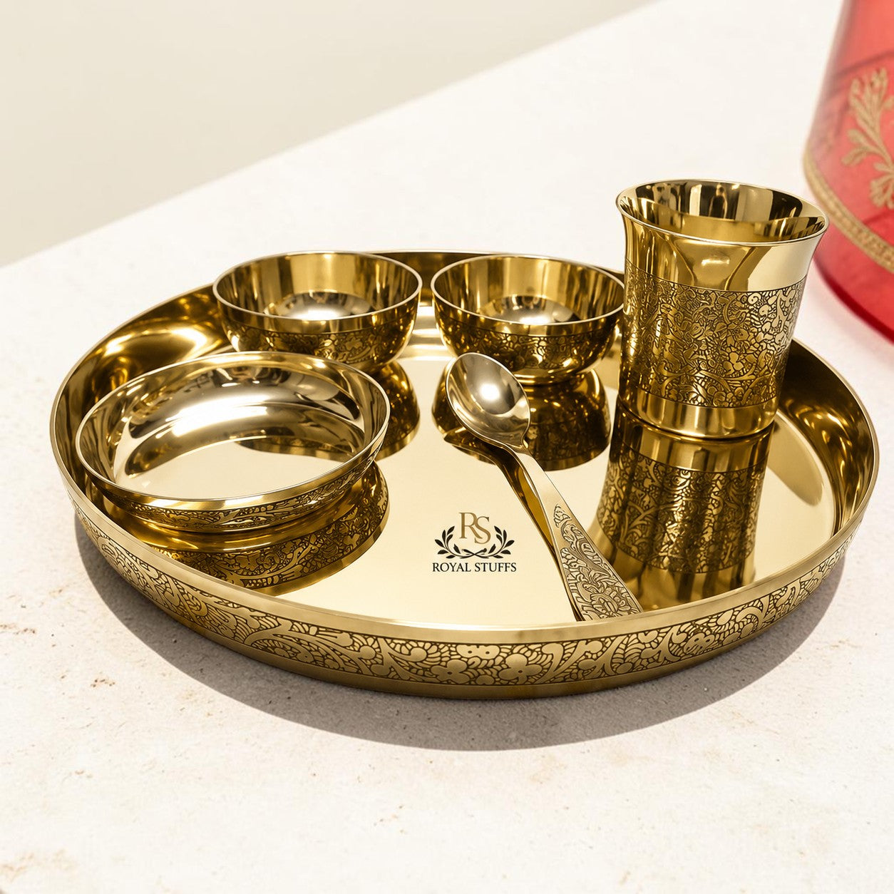 ROYALSTUFFS 12Inch Kansa Utensil 6 Piece Embossed Designer Dinner Thali Set for Home Hotel Restaurant with 1 Dinner Plate, 2 Bowl, 1 Rice Plate, 1 Glass, & 1 Spoon