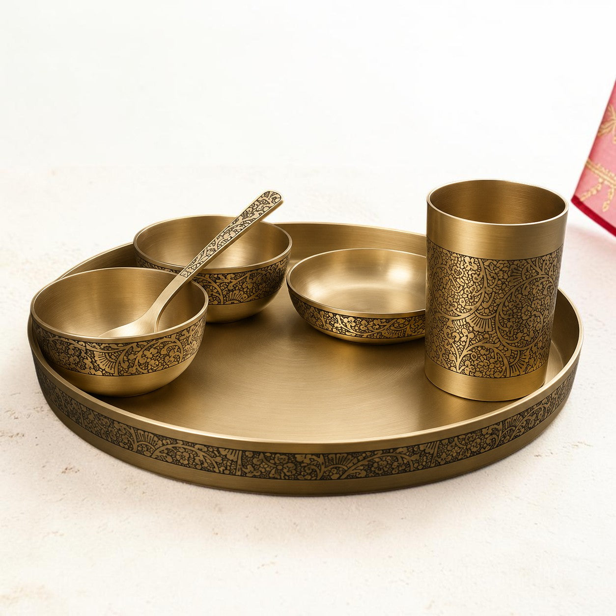 Matt 12Inch Kansa Utensil 6 Piece Embossed Designer Dinner Thali Set for Home Hotel Restaurant with 1 Dinner Plate, 2 Bowl, 1 Rice Plate, 1 Glass, & 1 Spoon