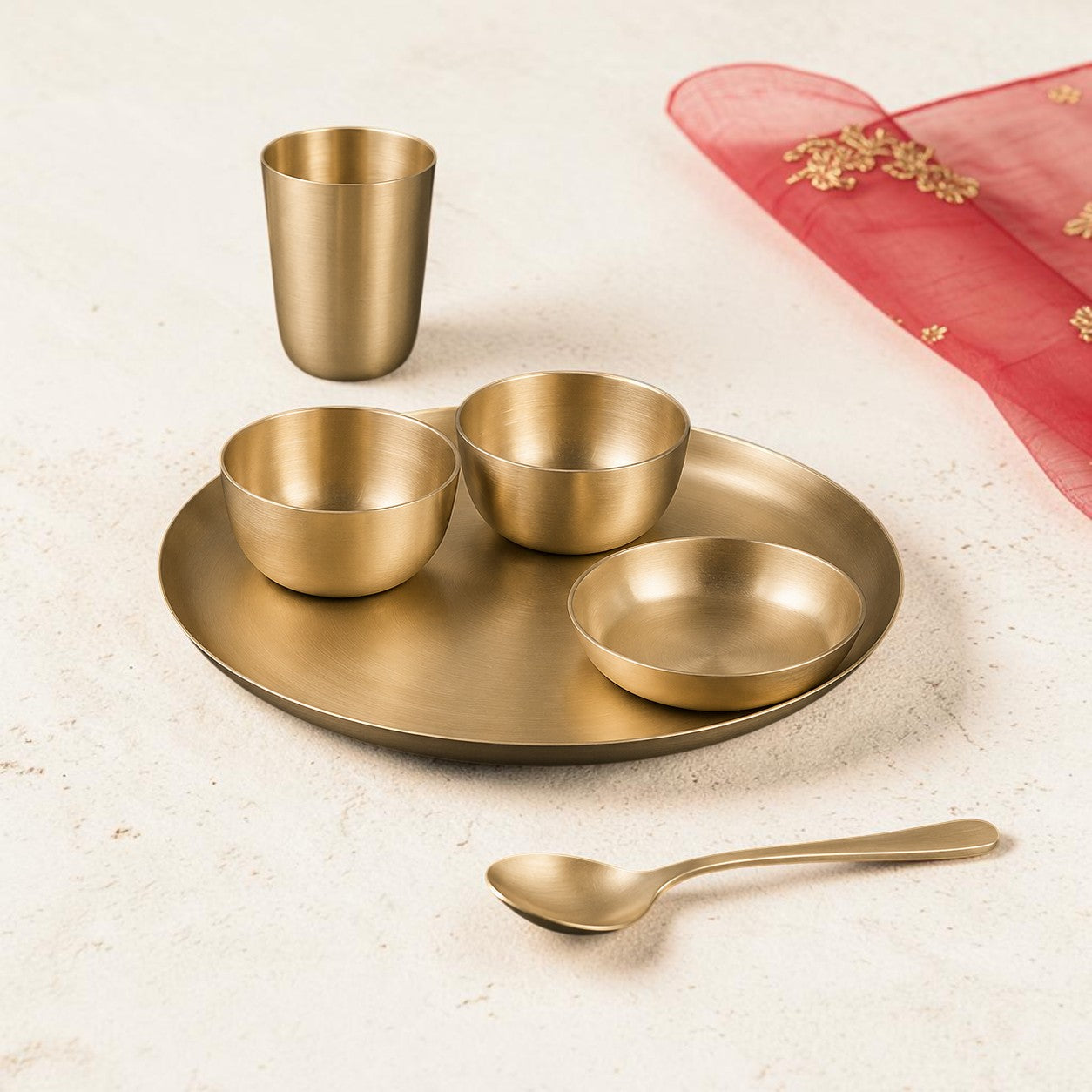 ROYALSTUFFS 11.8 Inch Matt Finish Kansa Bhojan Set Traditional Indian Dining Kit with Thali, Glass, Wati, Sweet Dish & Spoon - Ayurvedic Kansa Dinner Set of 6