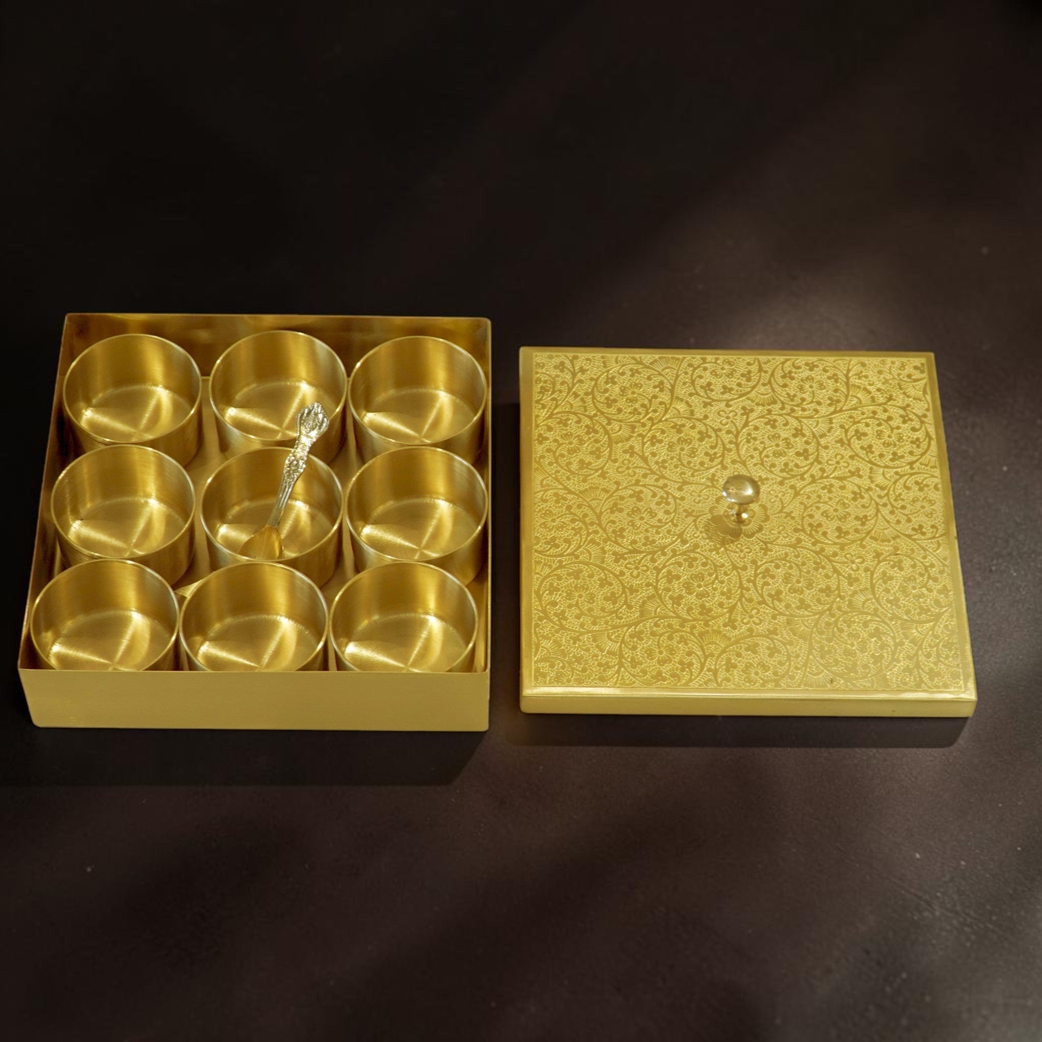 Hammered Brass Masaladani Square Shape with Tin (Kalai) Coating – Premium Spice Box with Lid & Spoon | Medium | RoyalStuffs