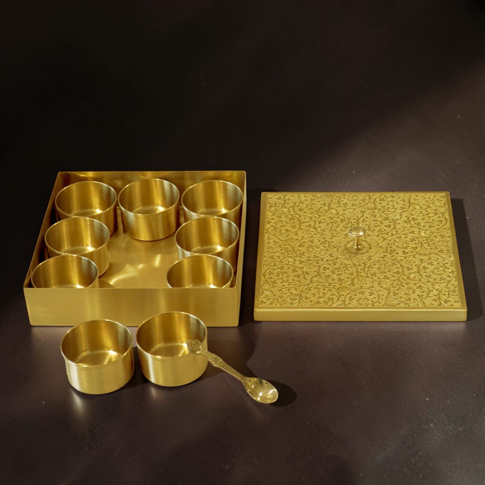 Hammered Brass Masaladani Square Shape with Tin (Kalai) Coating – Premium Spice Box with Lid & Spoon | Medium | RoyalStuffs