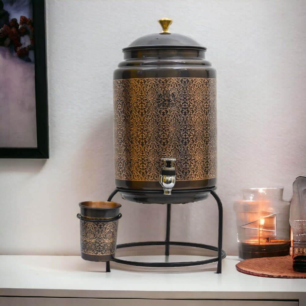 ROYALSTUFFS Copper Water Dispenser With Glass & Stand, For Storage & Serving Water, Volume-8 Liters | Copper Water Tank