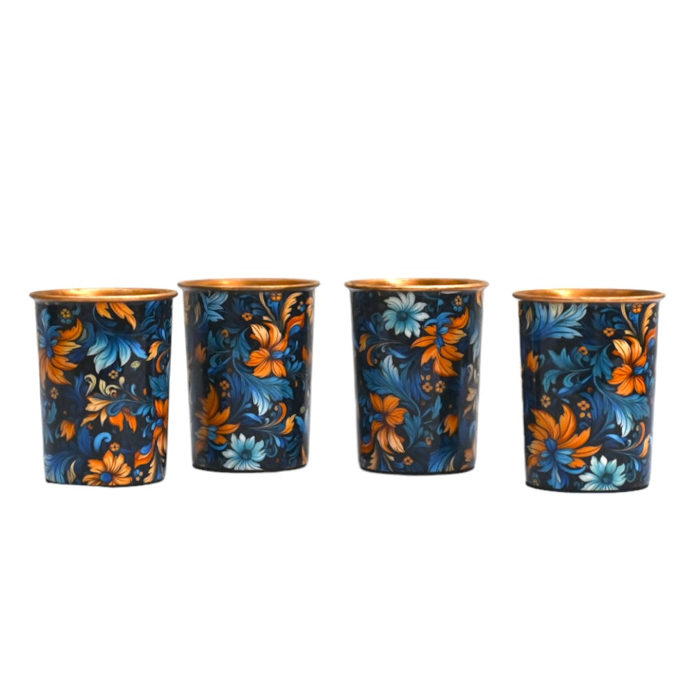 Pure Copper Digital Printed Flower Design Glass Tumbler, 300 ML, Set of 4