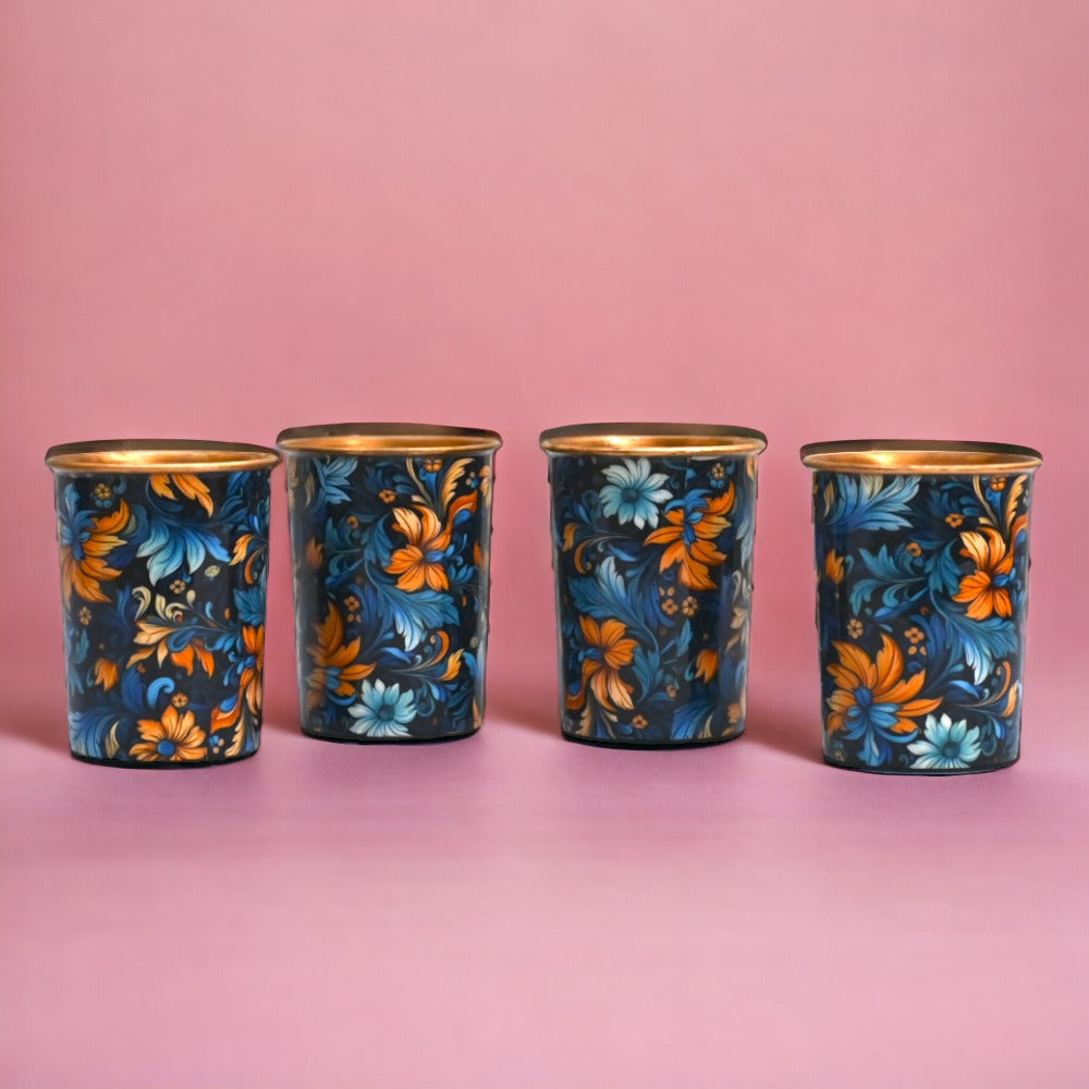 Pure Copper Digital Printed Flower Design Glass Tumbler, 300 ML, Set of 4