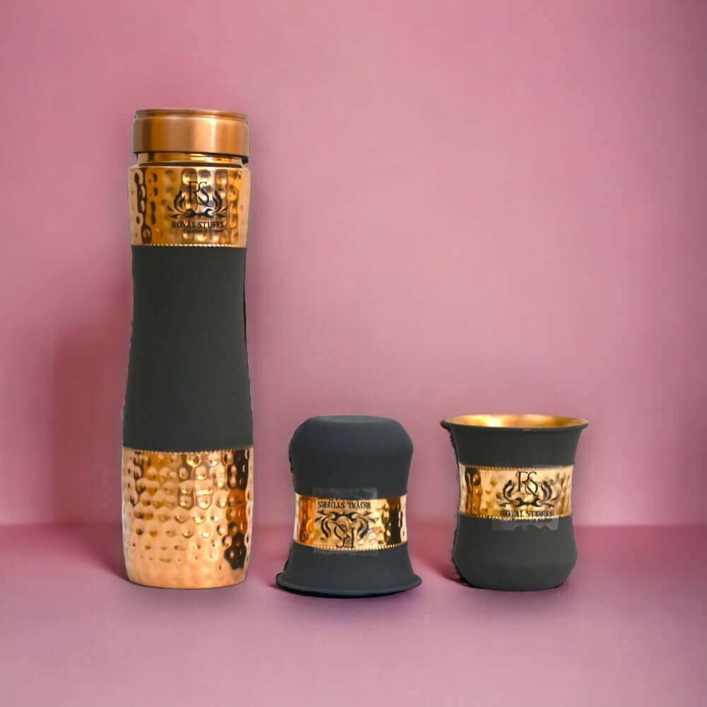 Pure Copper Water Bottle Silk Black Half Hammered with 2 Dholak Glasses ( Set of 3 ) Capacity 1000 ML