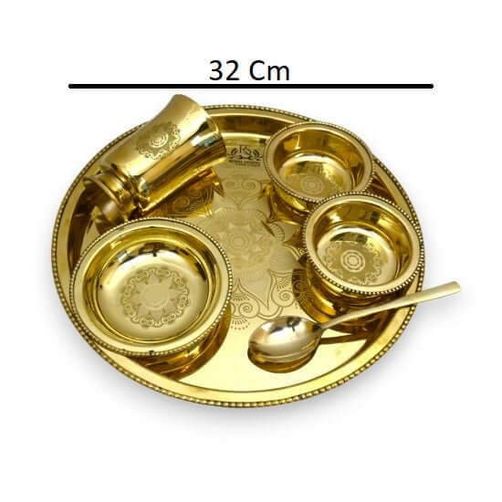 6 Items Brass Thali set, 1 Thali  2 Bowls, 1 Dessert Plate , 1 Glass and 1 Spoon Dinner Set  (Gold)