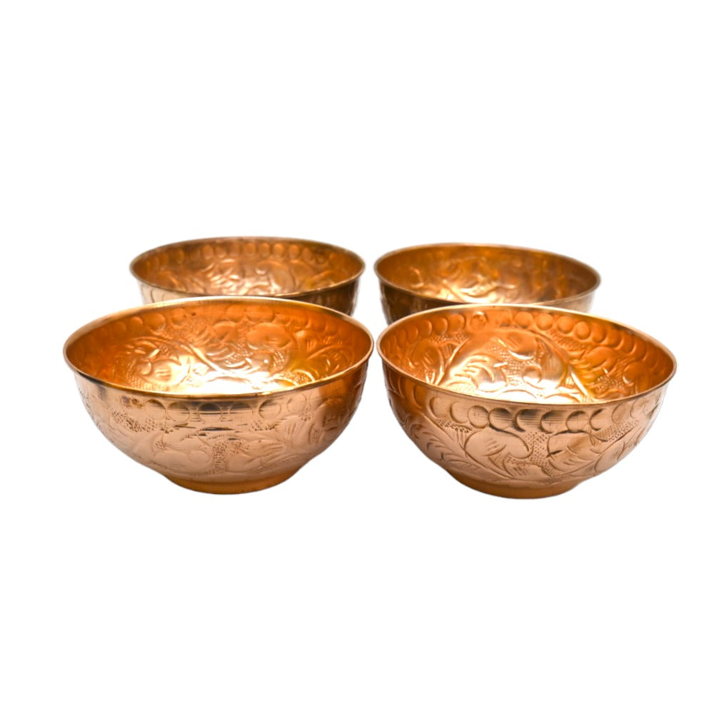 Set of 4 Embossed Leaf Design Copper Bowl (440 ml)