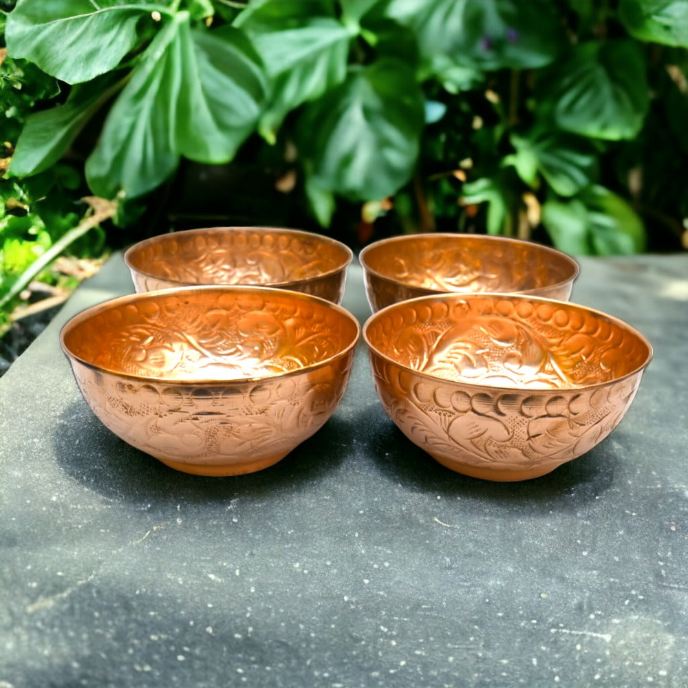 Set of 4 Embossed Leaf Design Copper Bowl (440 ml)