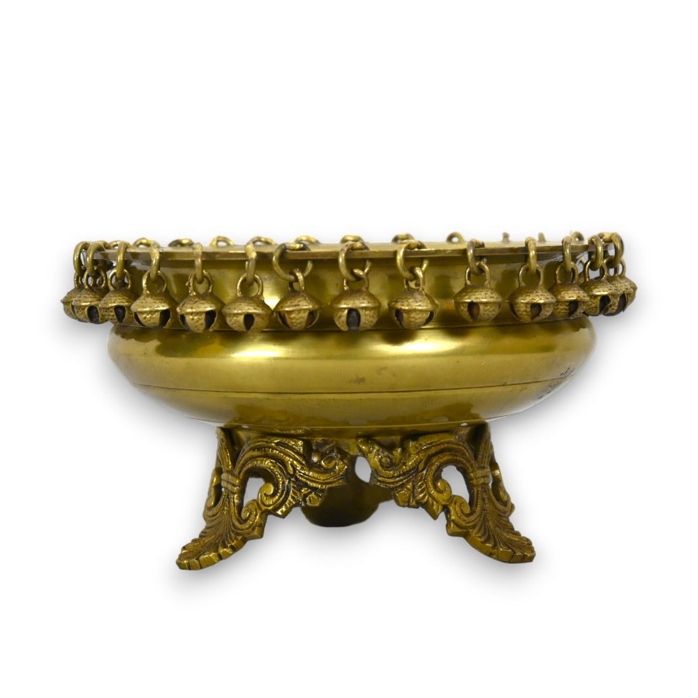 Brass Urli Bowl with Bells | Ethnic Design Pot for Home Decor| Flowers Candle Lamps | for Temple, Room, Traditional, Diwali Decoration, Gift, Showpiece (8.2 inches, 2 kg, Golden Yellow)