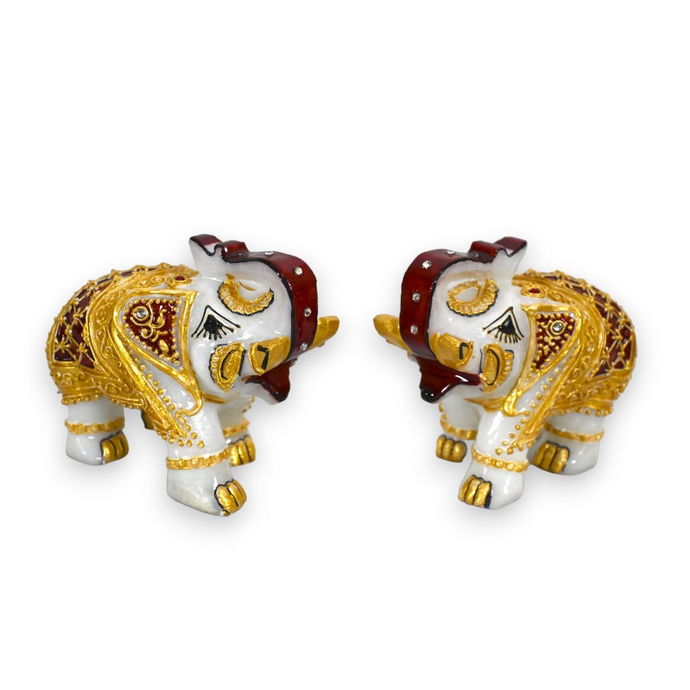 Set of 2 Marble Elephant Showpiece - For Home, Living Room & Table Decor - (4 Inch - Height) 