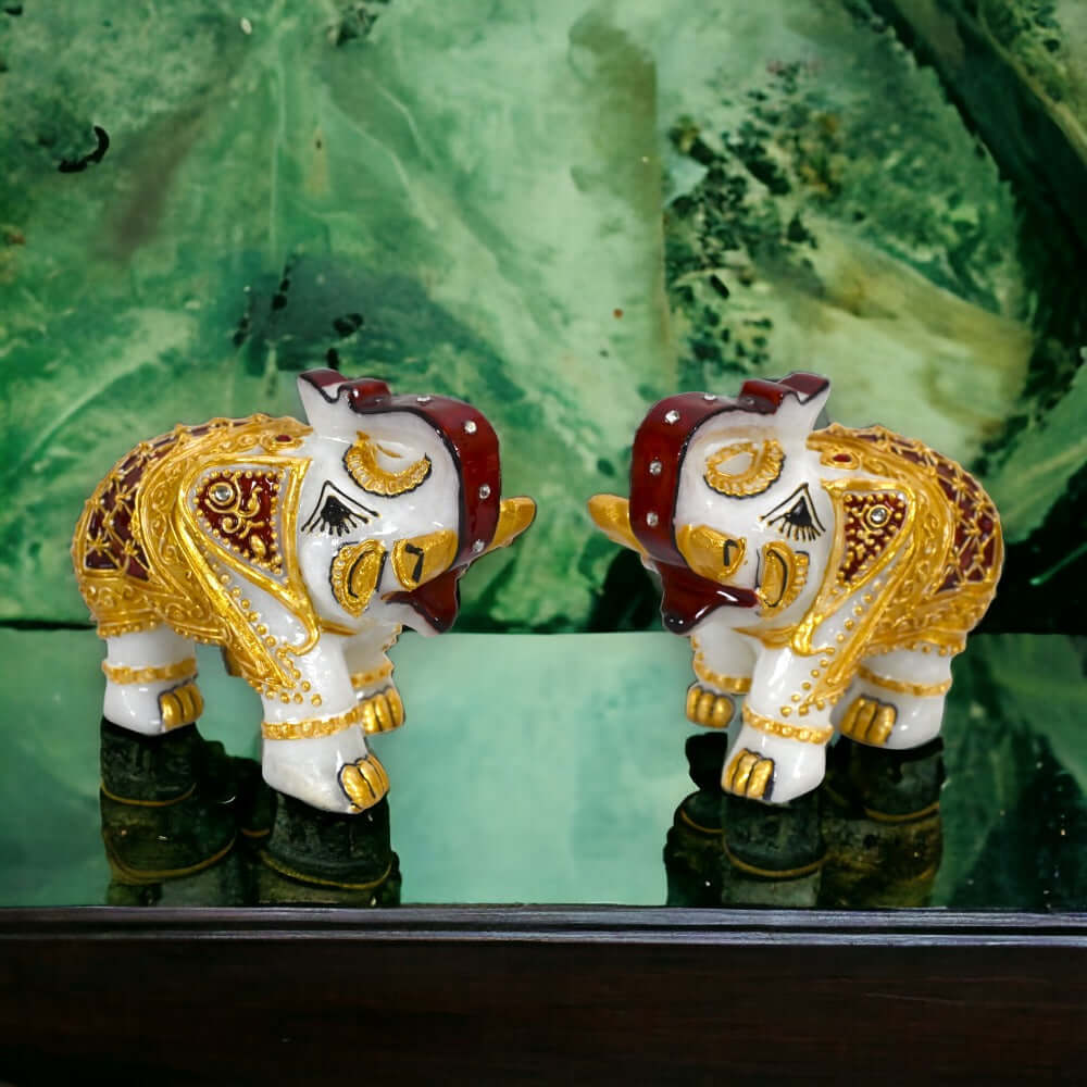 Set of 2 Marble Elephant Showpiece - For Home, Living Room & Table Decor - (4 Inch - Height)