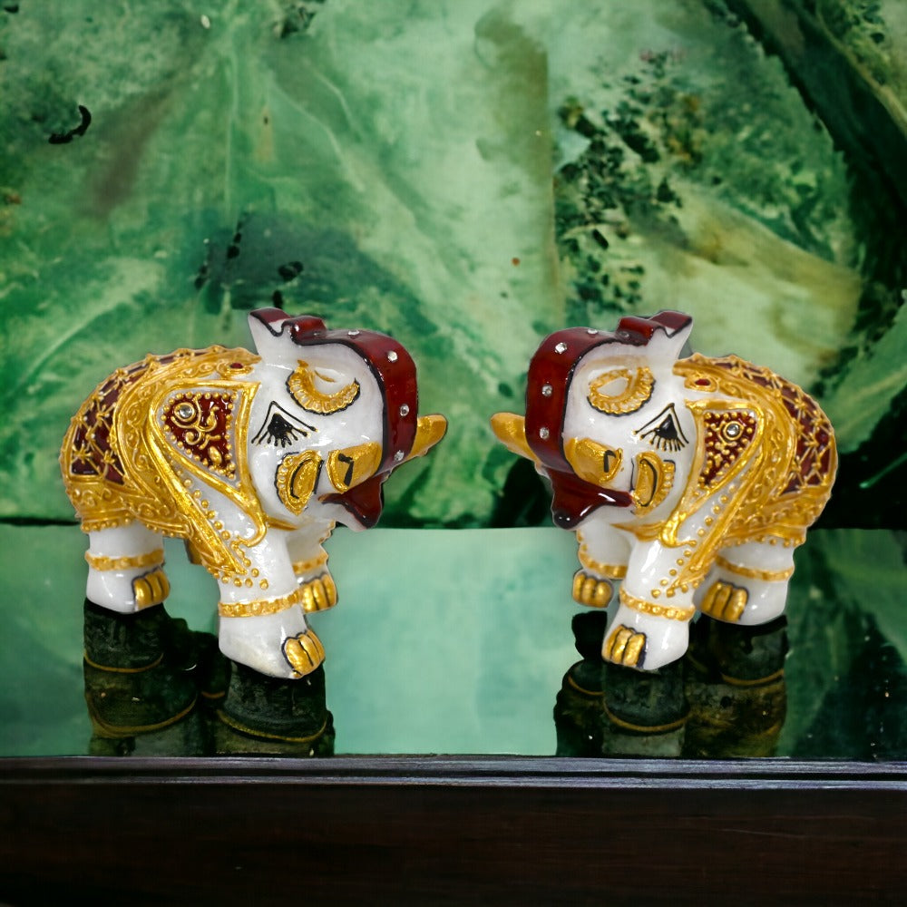 Set of 2 Marble Elephant Showpiece - For Home, Living Room & Table Decor - (4 Inch - Height) 