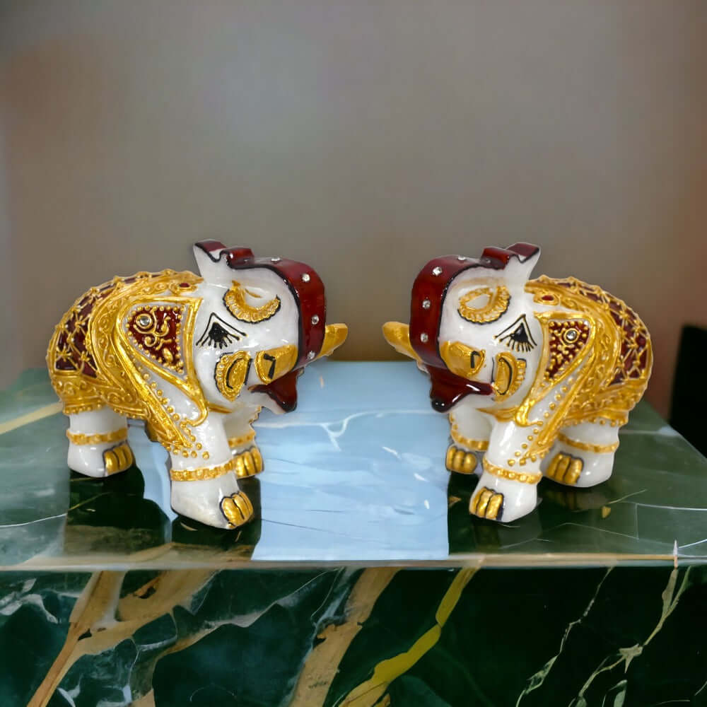 Set of 2 Marble Elephant Showpiece - For Home, Living Room & Table Decor - (4 Inch - Height)
