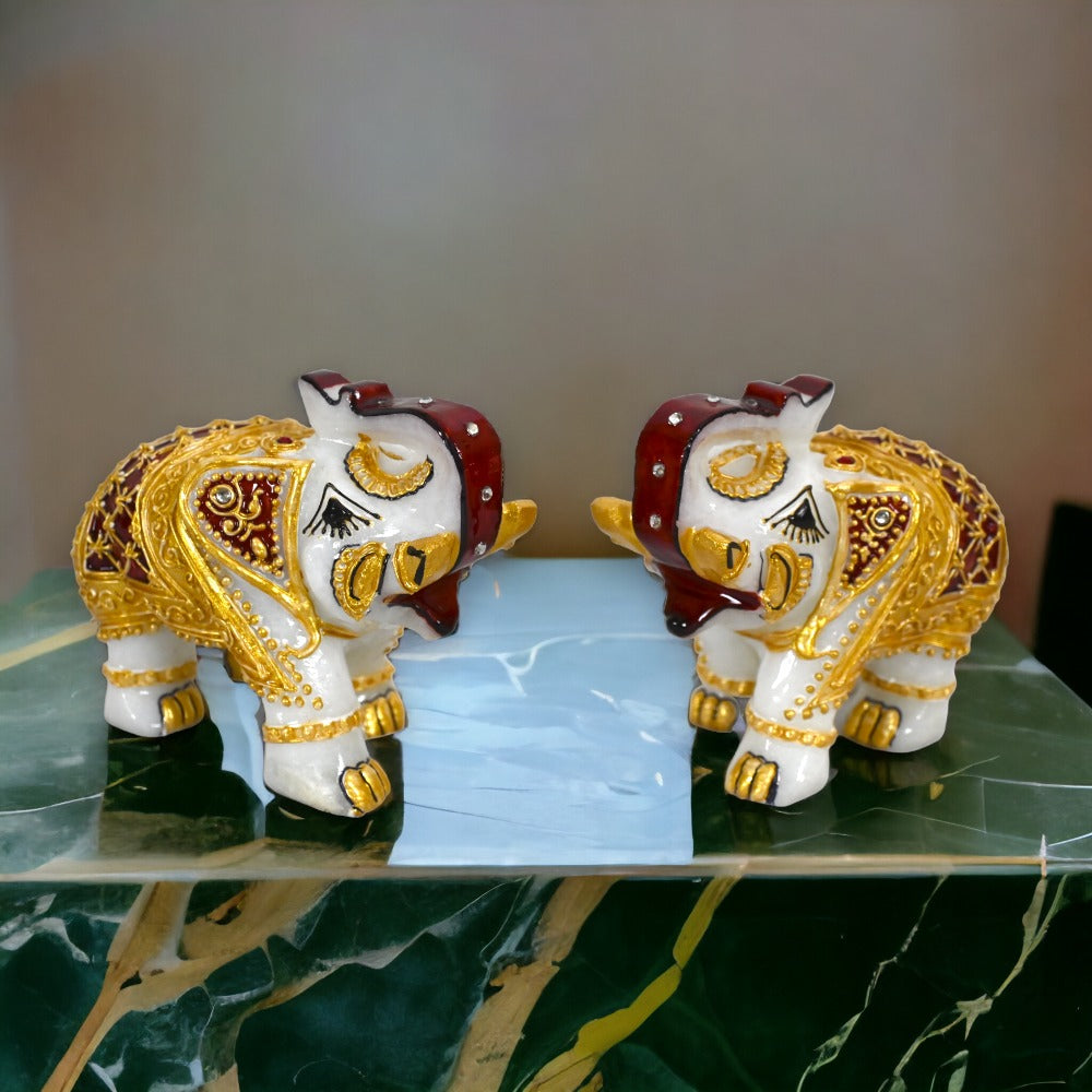 Set of 2 Marble Elephant Showpiece - For Home, Living Room & Table Decor - (4 Inch - Height) 