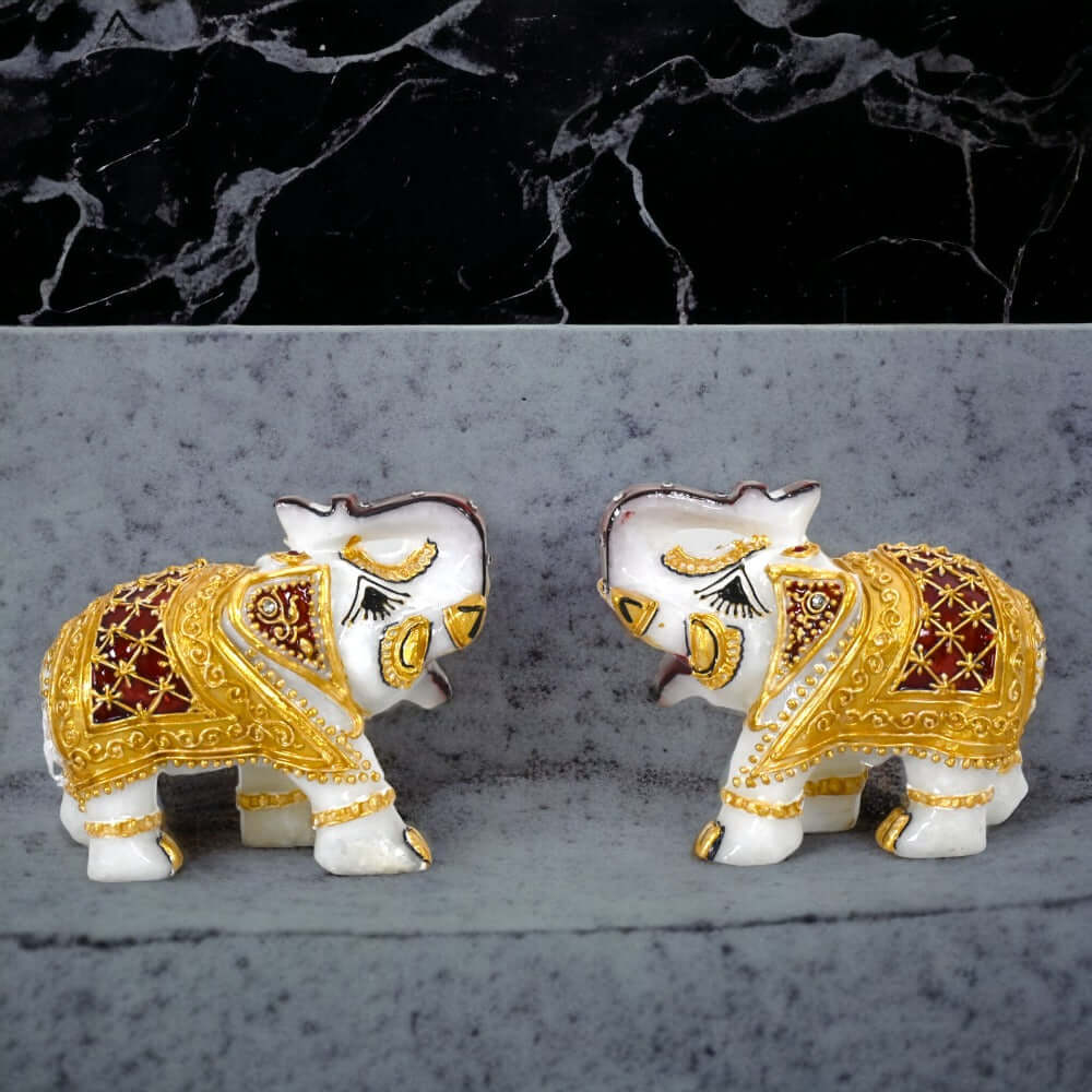Set of 2 Marble Elephant Showpiece - For Home, Living Room & Table Decor - (4 Inch - Height)