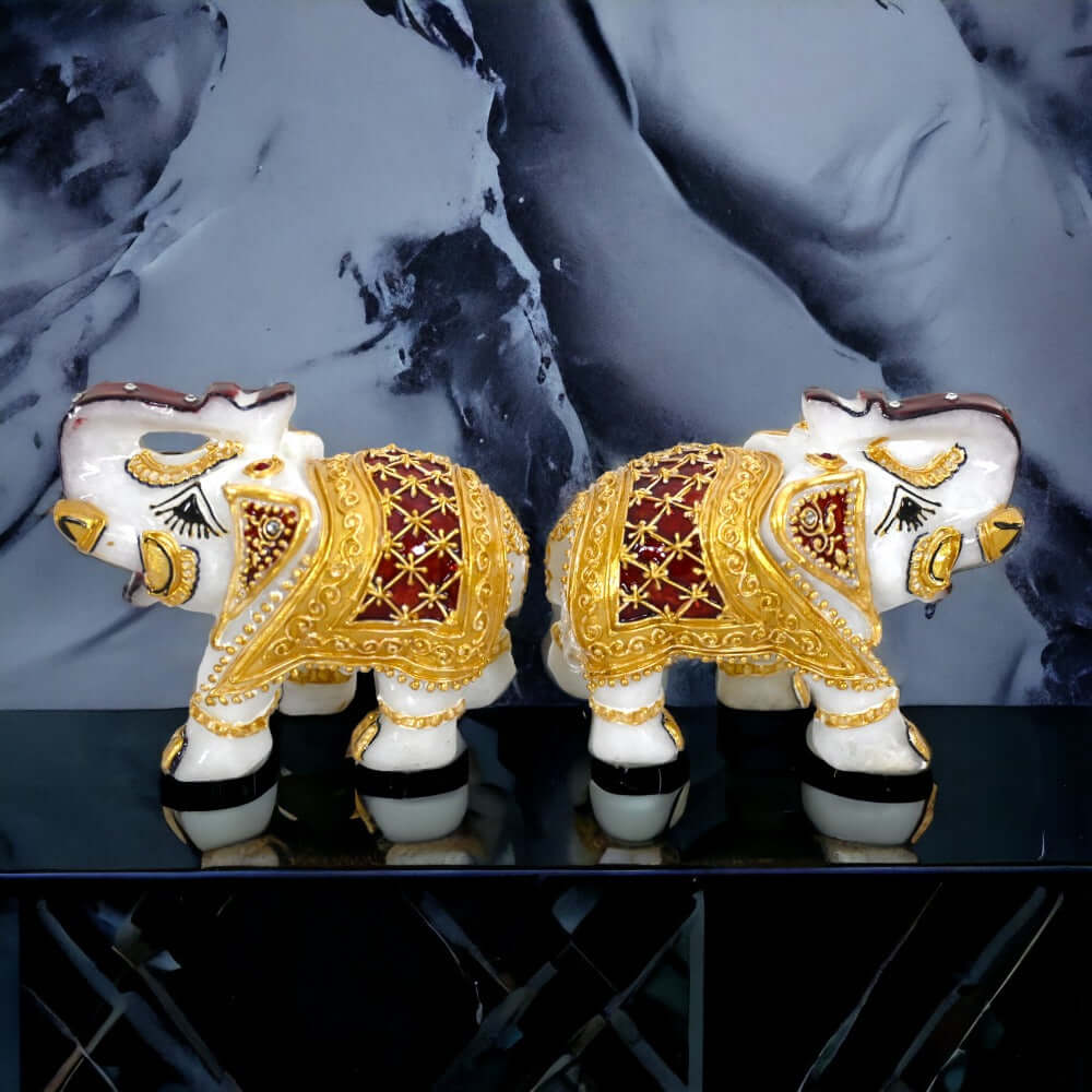 Set of 2 Marble Elephant Showpiece - For Home, Living Room & Table Decor - (4 Inch - Height)