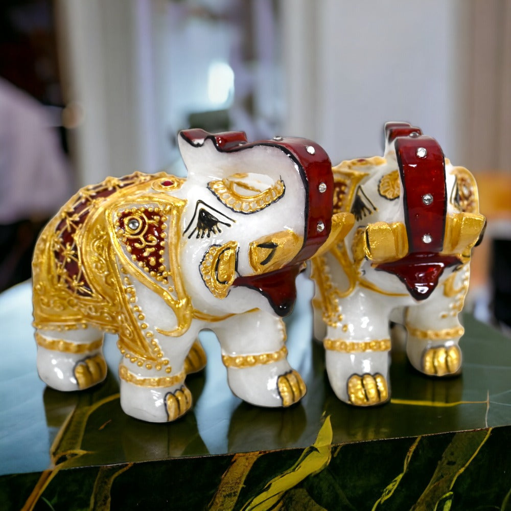 Set of 2 Marble Elephant Showpiece - For Home, Living Room & Table Decor - (4 Inch - Height) 