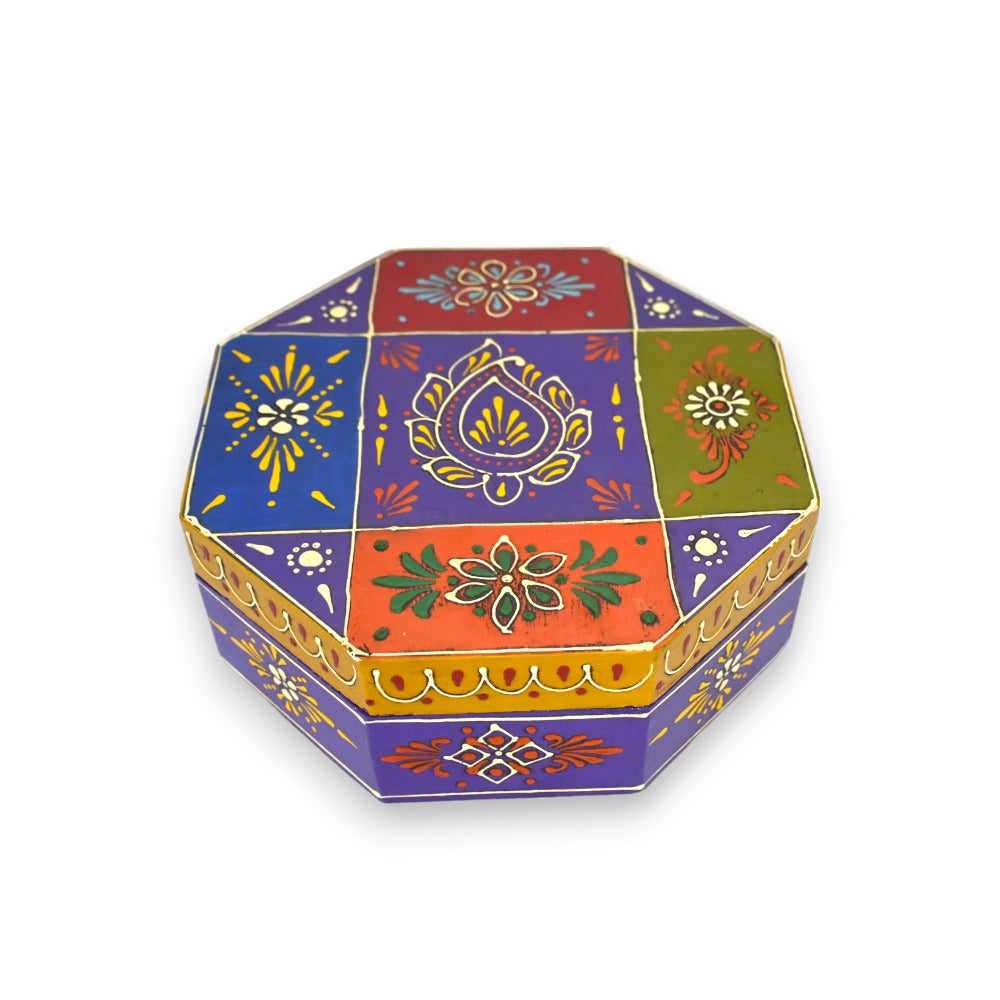 India Wooden Masala Dabba Spice Box with Beautiful Mughal Painting 