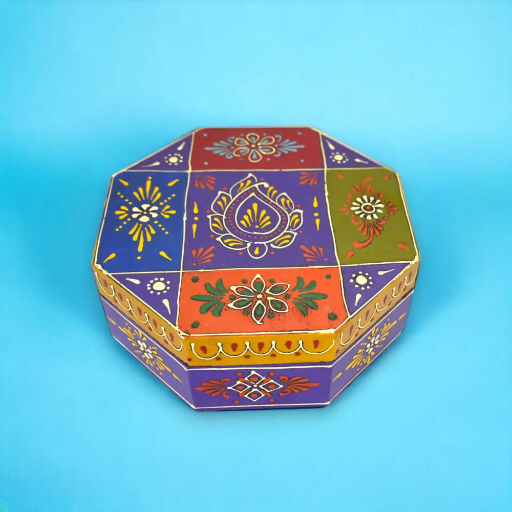 India Wooden Masala Dabba Spice Box with Beautiful Mughal Painting