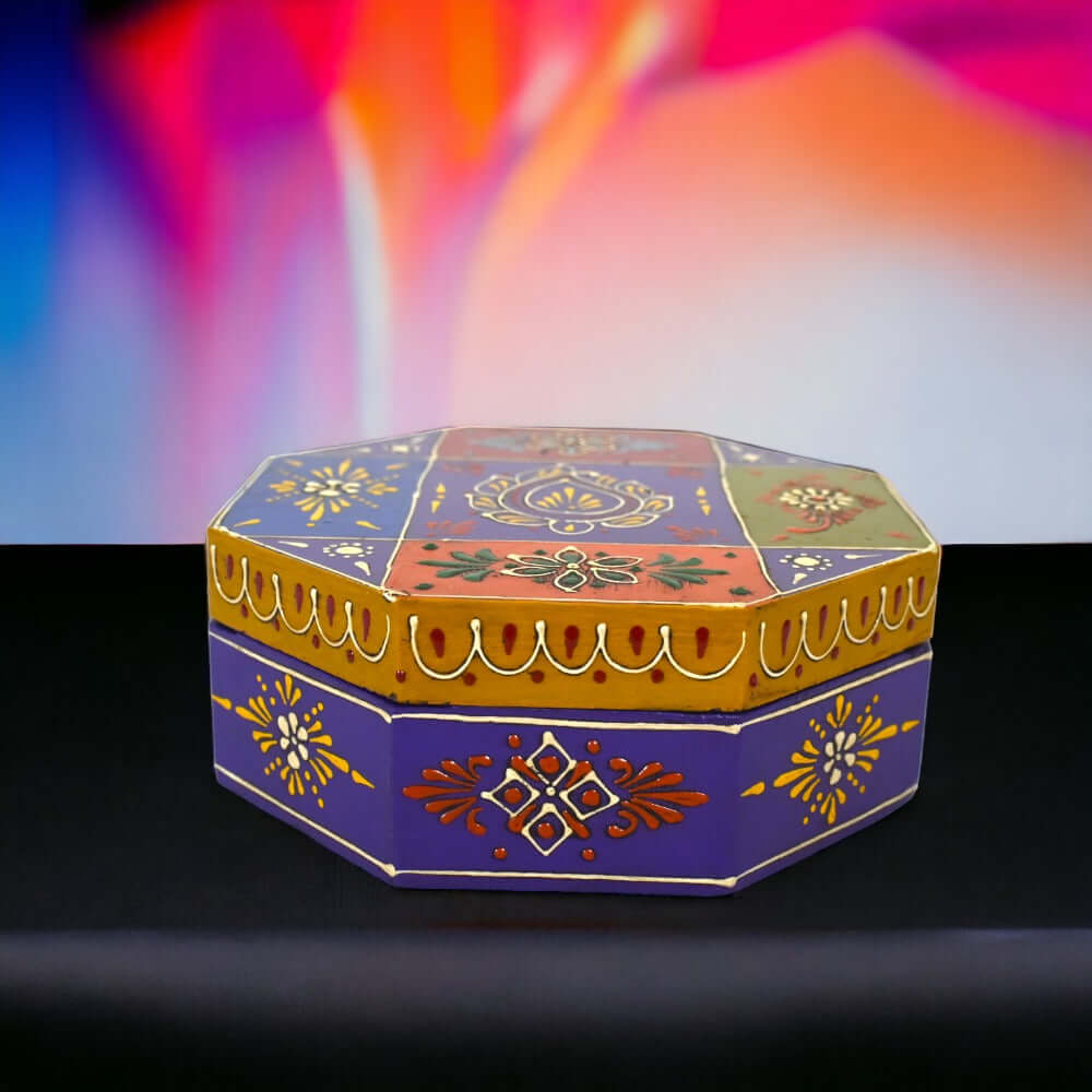 India Wooden Masala Dabba Spice Box with Beautiful Mughal Painting
