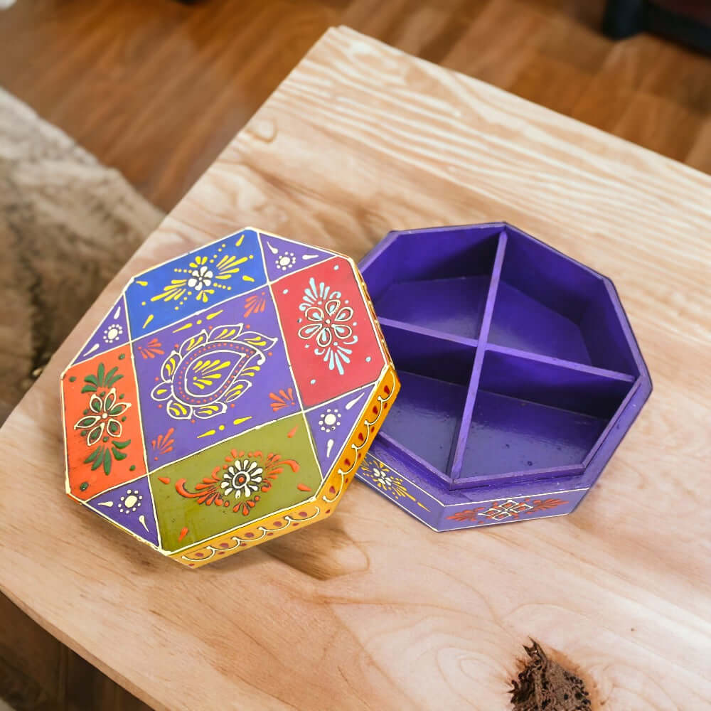 India Wooden Masala Dabba Spice Box with Beautiful Mughal Painting