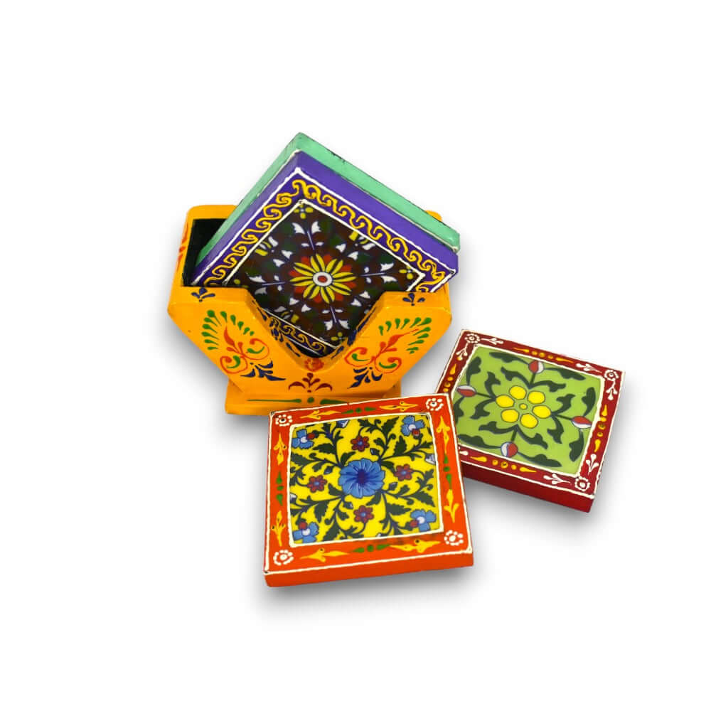 Set Of 4 Wood MDF Rich Traditional Hand Painted Tea Coaster With Beautiful Stand for Corporate Gifting, For Home, Size: 3.5 Inch Each