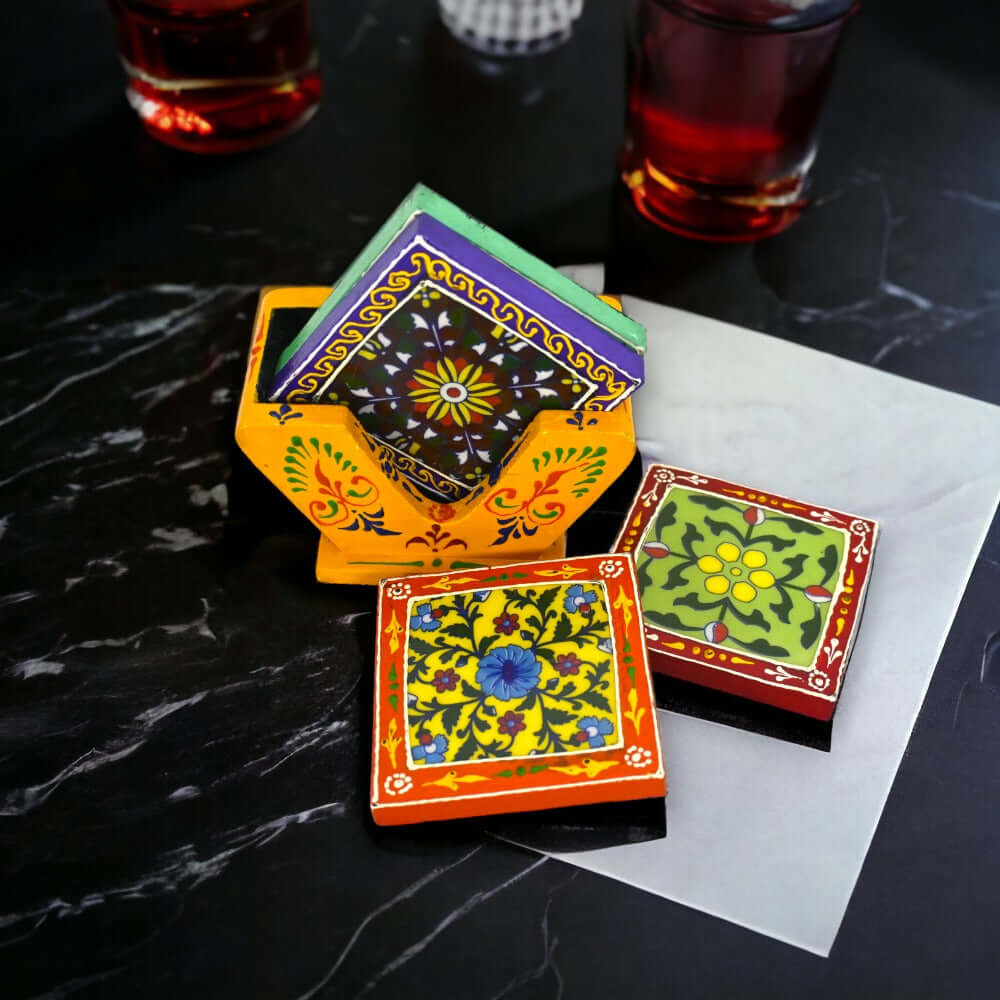 Set Of 4 Wood MDF Rich Traditional Hand Painted Tea Coaster With Beautiful Stand for Corporate Gifting, For Home, Size: 3.5 Inch Each