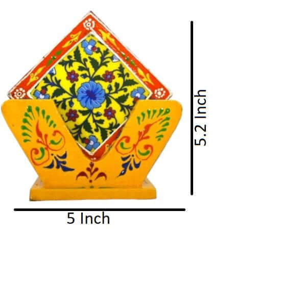Set Of 4 Wood MDF Rich Traditional Hand Painted Tea Coaster With Beautiful Stand for Corporate Gifting, For Home, Size: 3.5 Inch Each
