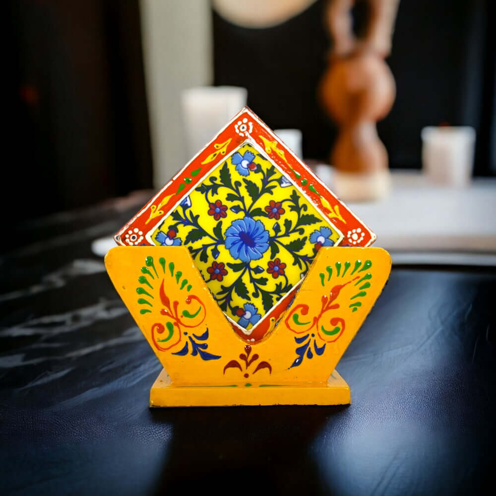 Set Of 4 Wood MDF Rich Traditional Hand Painted Tea Coaster With Beautiful Stand for Corporate Gifting, For Home, Size: 3.5 Inch Each