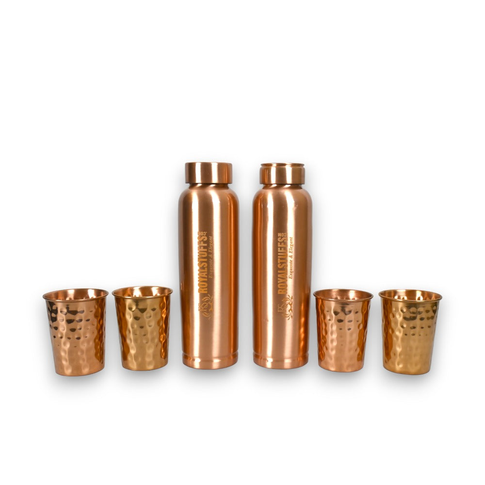 ROYALSTUFFS Copper 2 Water Bottle for Drinking with 4 Copper Glass Ayurvedic 900 ml Premium Quality Handcrafted Hammered Copper Vessel and Glass Set