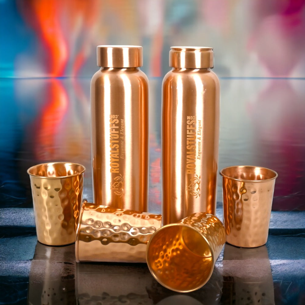 ROYALSTUFFS Copper 2 Water Bottle for Drinking with 4 Copper Glass Ayurvedic 900 ml Premium Quality Handcrafted Hammered Copper Vessel and Glass Set