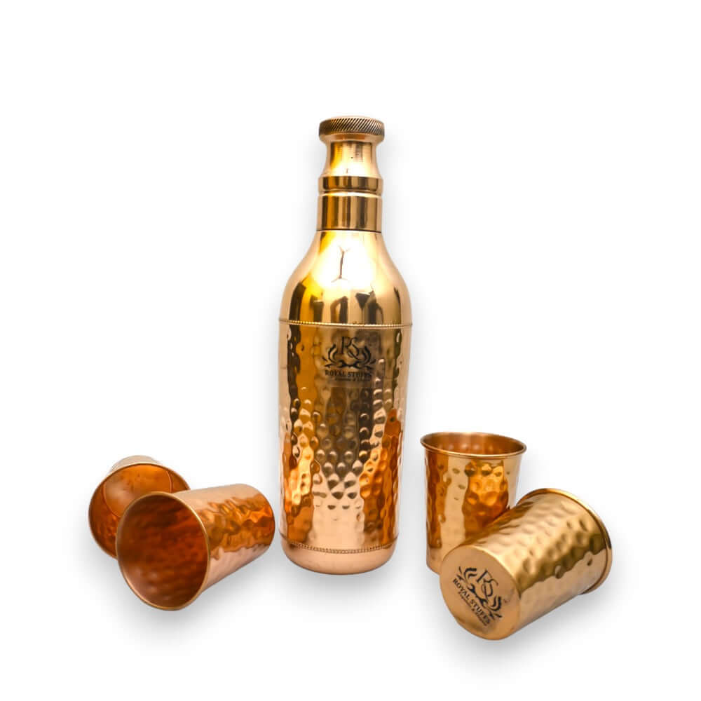 ROYALSTUFFS Pure Copper Champagne Water Bottle for Drinking with 4 Copper Hammer Tumbler- Leak Proof Joint Less Indian Ayurveda Health Benefits With Premium Quality- 1200 Ml