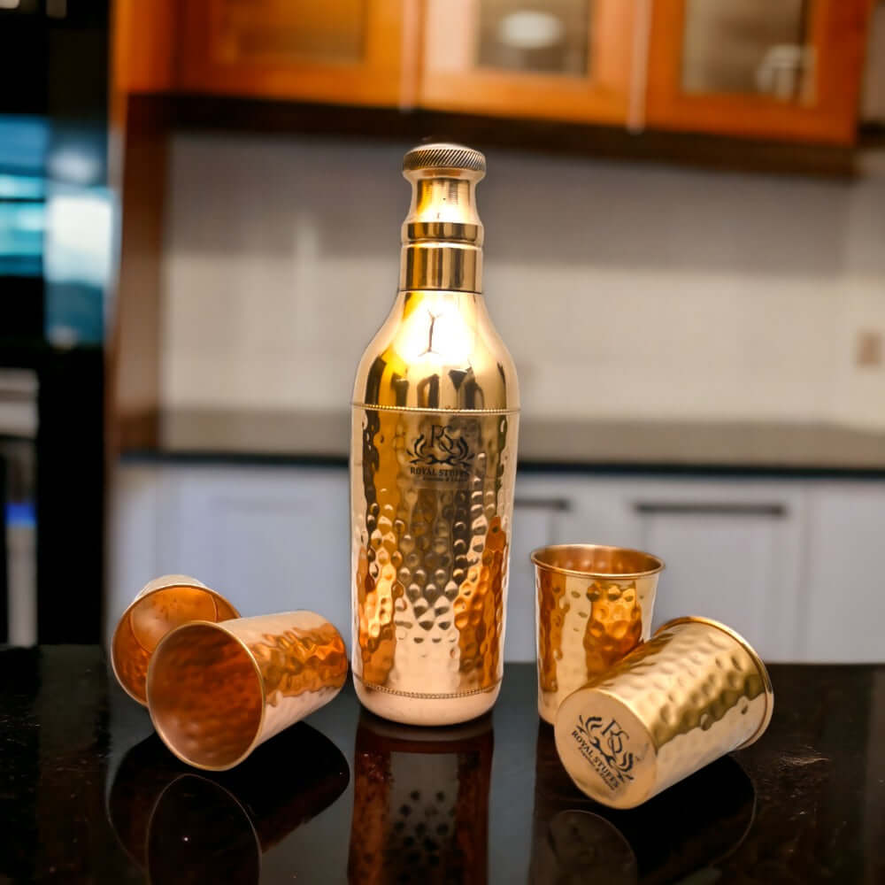 ROYALSTUFFS Pure Copper Champagne Water Bottle for Drinking with 4 Copper Hammer Tumbler- Leak Proof Joint Less Indian Ayurveda Health Benefits With Premium Quality- 1200 Ml