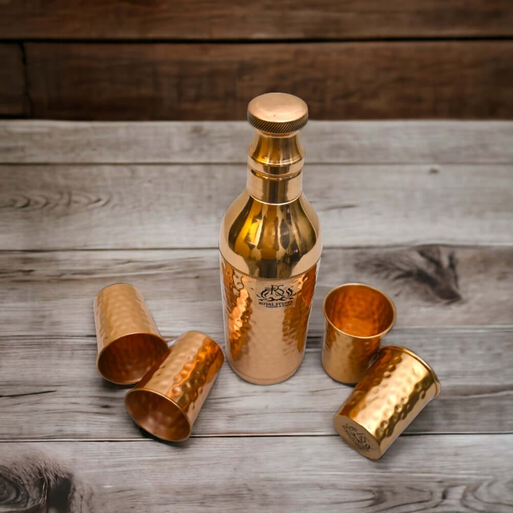 ROYALSTUFFS Pure Copper Champagne Water Bottle for Drinking with 4 Copper Hammer Tumbler- Leak Proof Joint Less Indian Ayurveda Health Benefits With Premium Quality- 1200 Ml
