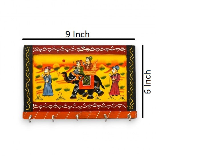 Hand-Painted Wall Key Holder and Wooden Rajasthani Art Work Hook Hanging Key Holder (Medium)