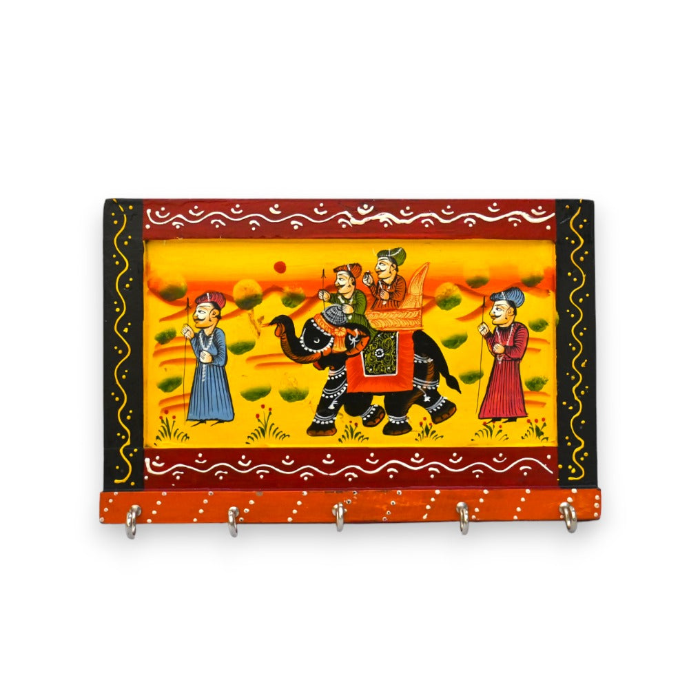 Hand-Painted Wall Key Holder and Wooden Rajasthani Art Work Hook Hanging Key Holder (Medium)