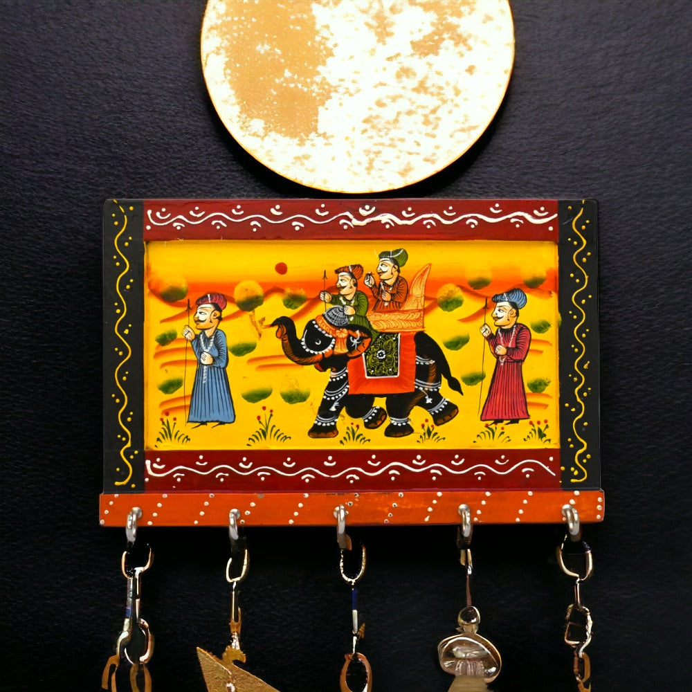 Hand-Painted Wall Key Holder and Wooden Rajasthani Art Work Hook Hanging Key Holder (Medium)