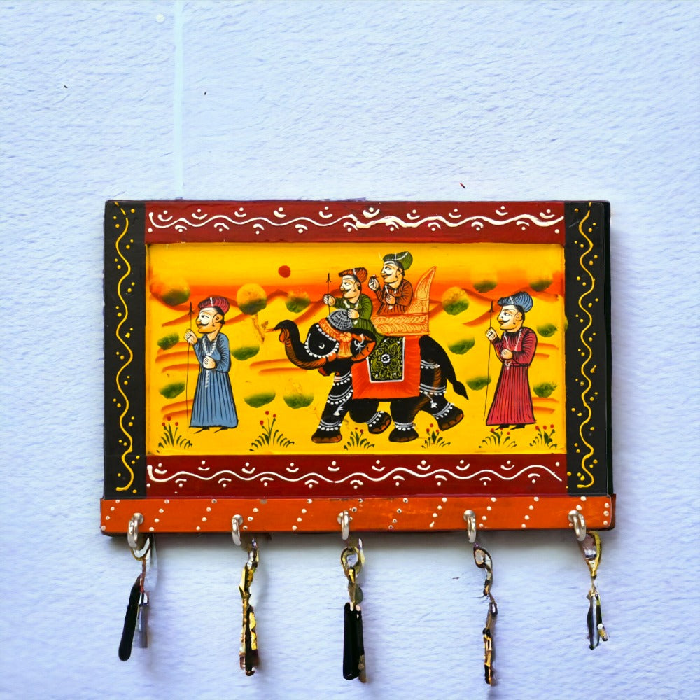 Hand-Painted Wall Key Holder and Wooden Rajasthani Art Work Hook Hanging Key Holder (Medium)