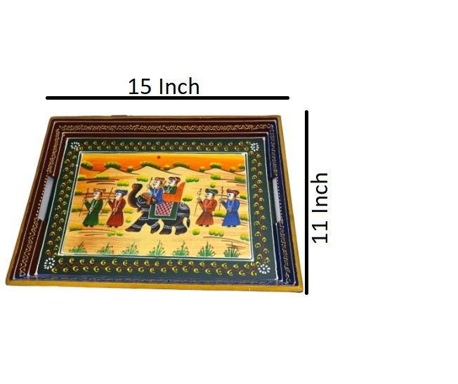 ROYALSTUFFS Serving Tray, set of 3, made of mango wood, Rajasthani painting, size 15″, 14″, 13″