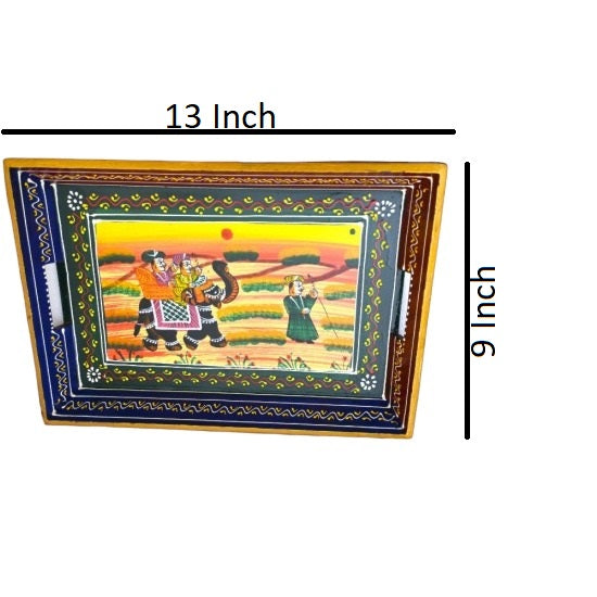 ROYALSTUFFS Serving Tray, set of 3, made of mango wood, Rajasthani painting, size 15″, 14″, 13″