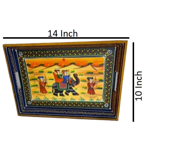 ROYALSTUFFS Serving Tray, set of 3, made of mango wood, Rajasthani painting, size 15″, 14″, 13″