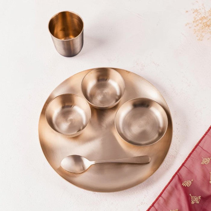 ROYALSTUFFS 11.8 Inch Matt Finish Kansa Bhojan Set Traditional Indian Dining Kit with Thali, Glass, Wati, Sweet Dish & Spoon - Ayurvedic Kansa Dinner Set of 6